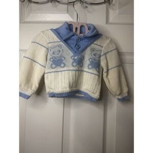 Vintage Baby Sweater Bull Frog Knits Teddy Bear USA 3-6M Blue Knit Pullover